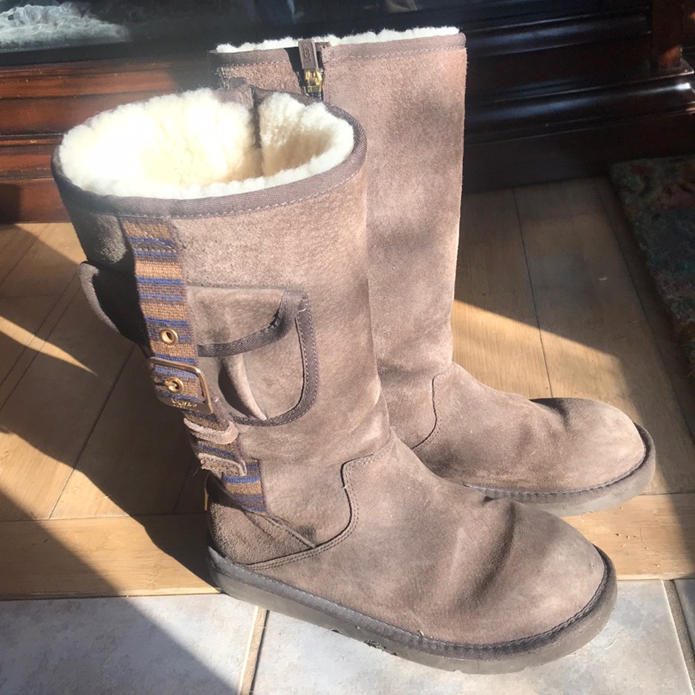 Brown suede Uggs with buckle and side pocket